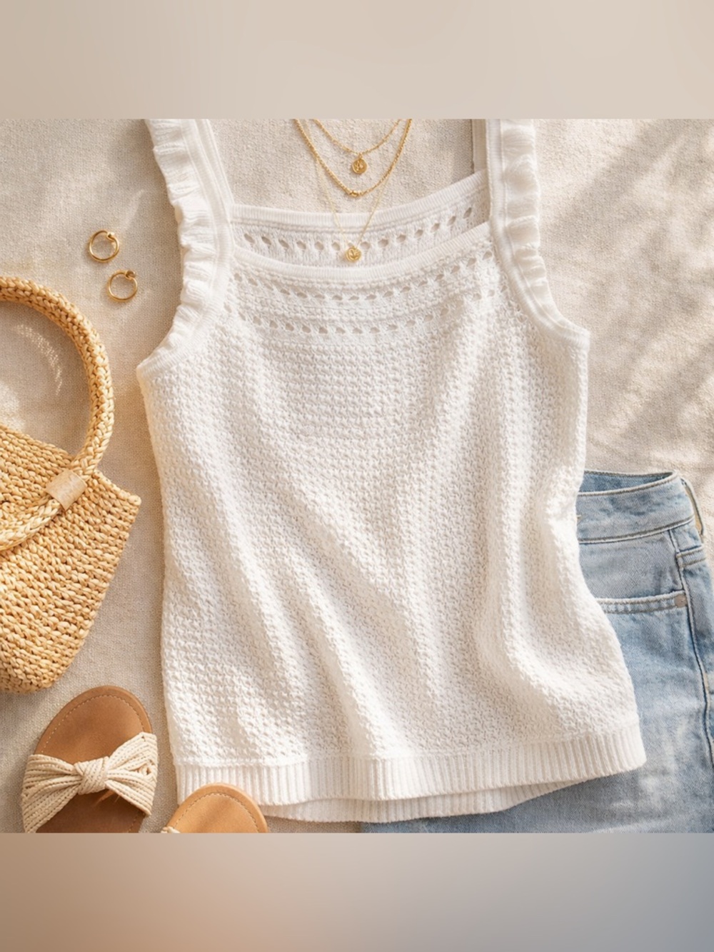 J Crew White Crochet Ruffle Tank Top XL Summer Knit Sleeveless Boho Cottagecore